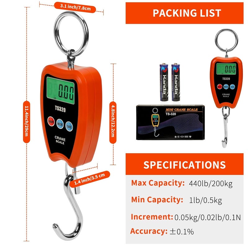 Outmate Digital Crane Scale 300kg/660lbs 200kg/440lbs with LED Handheld Mini Hanging Scale for Garage Farm Hunting Fishing Etc(200kg/Plastic Shell/Orange) - Image 3